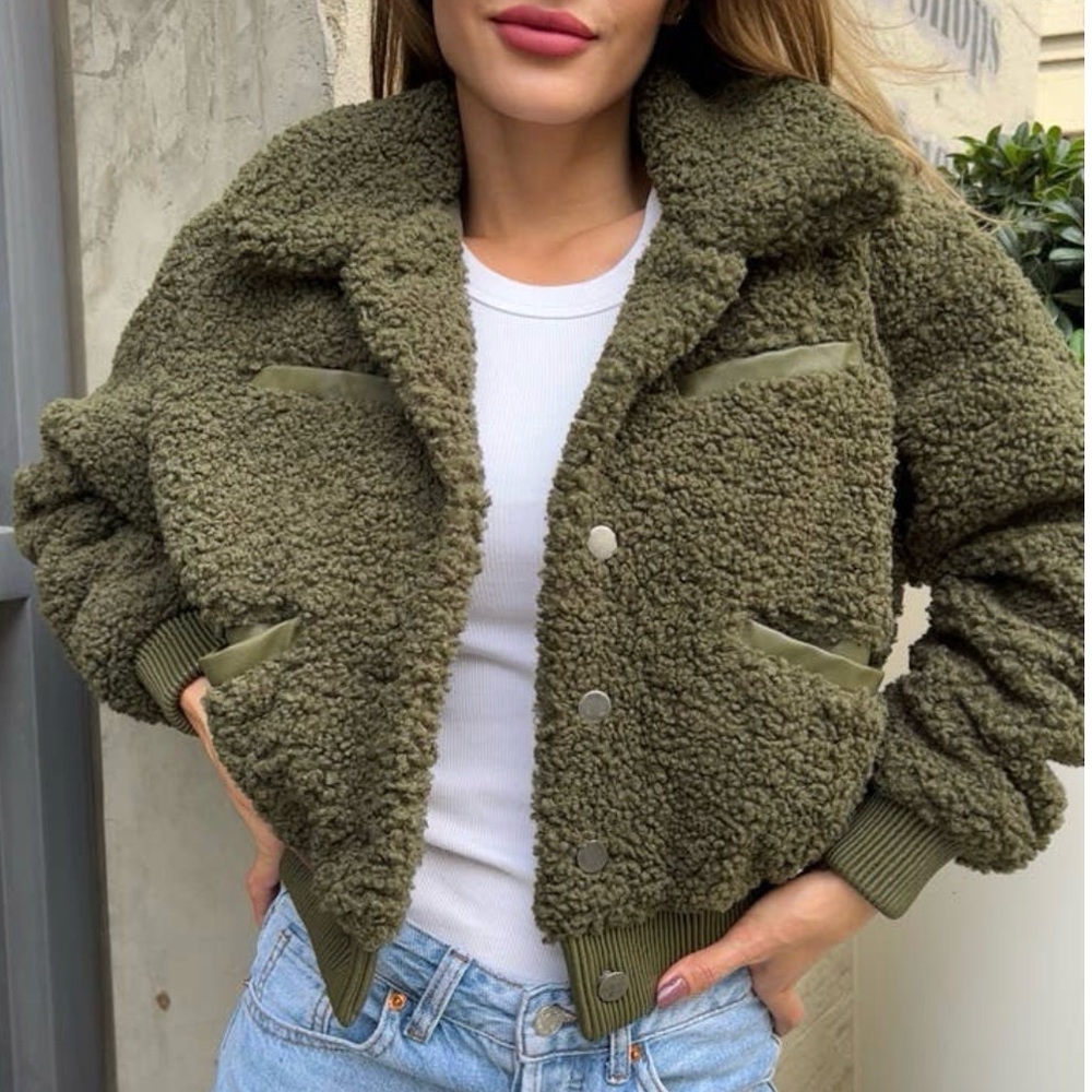 Deep Olive Green Teddy Bomber Jacket